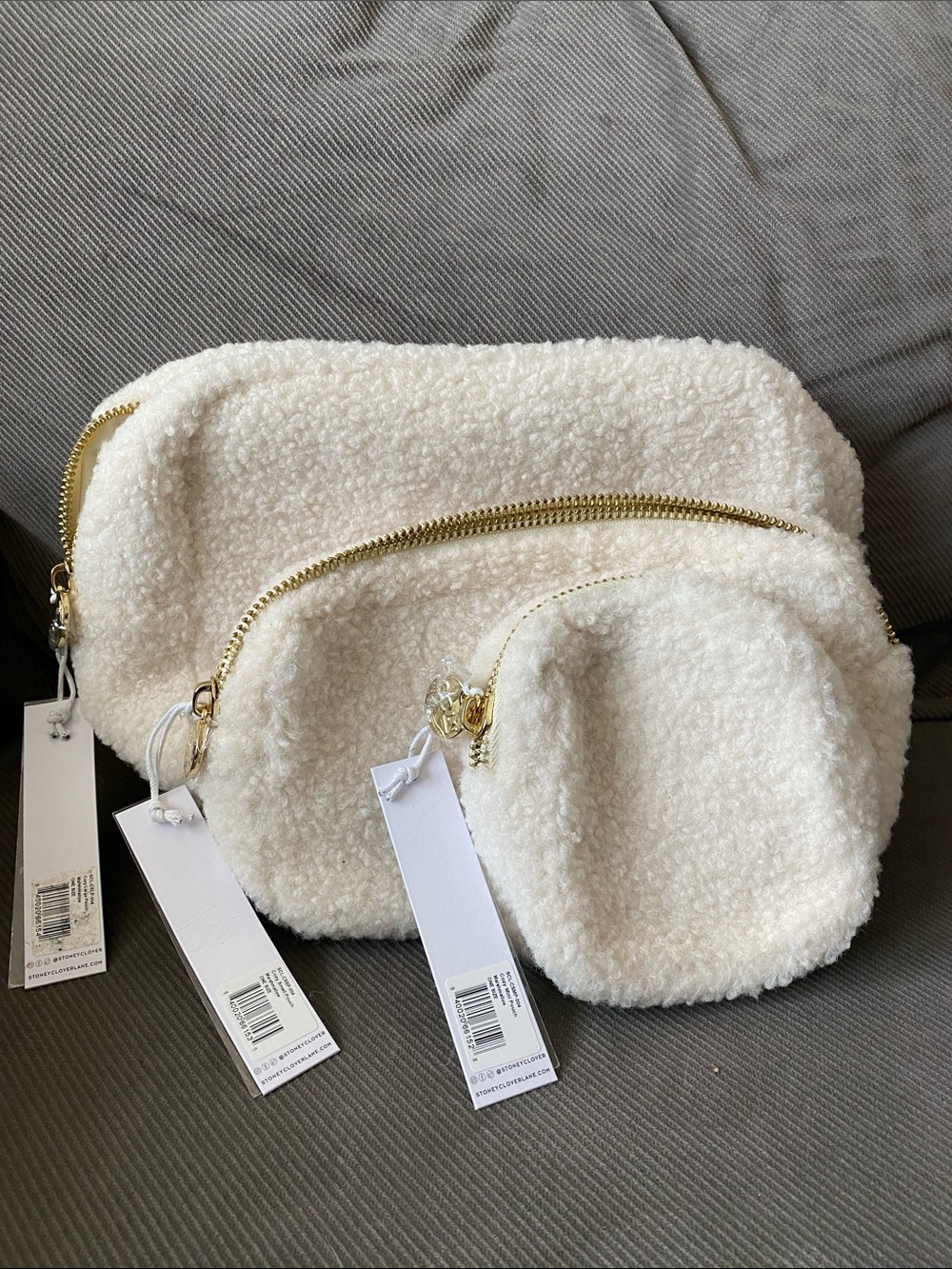 Stoney Clover Lane Cream Sherpa Pouch Trio with Gold Zippers